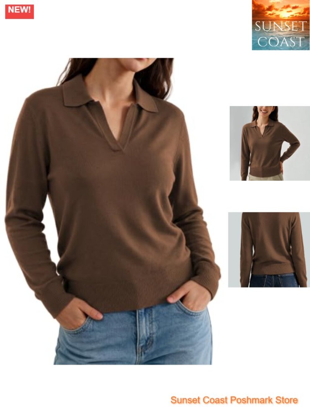 Wool Blend Sweater Pullover Long Sleeve Polo Collar V-Neck Knit Top